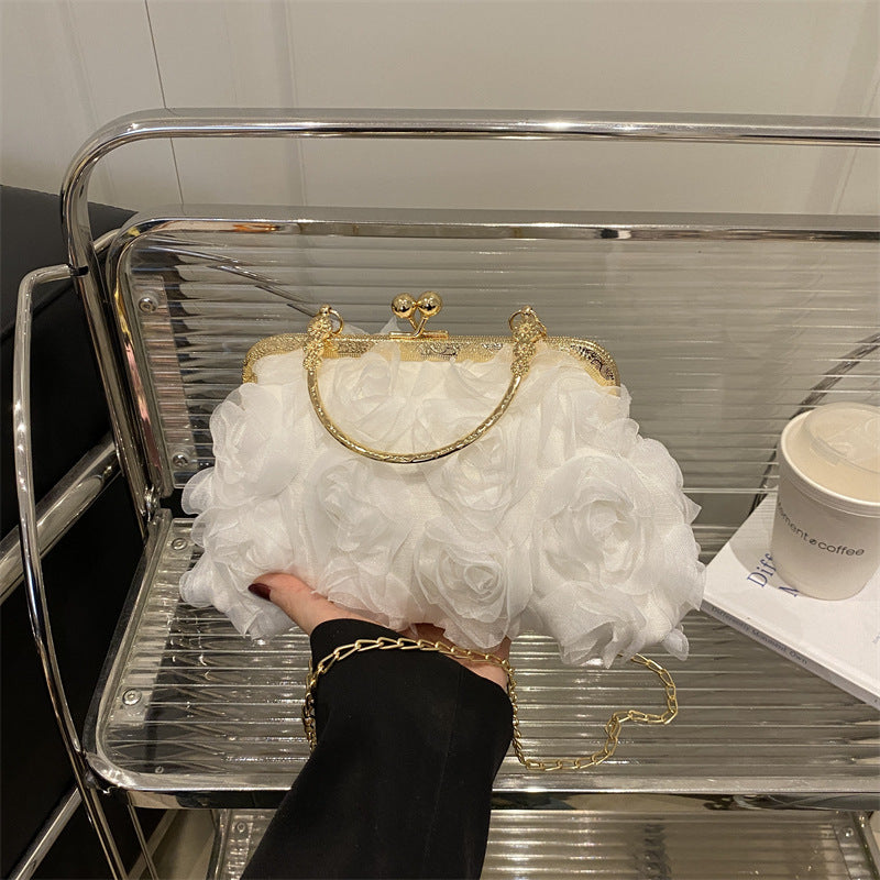 Chiffon Three-Dimensional Flower Dinner Bag Champagne Women's Handmade Dress Garment Bag Chain Decoration Handbag