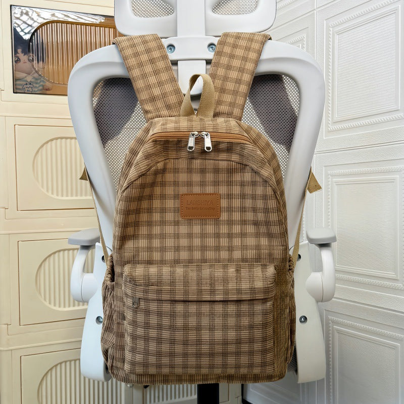Retro Plaid Corduroy Backpack with Breathable Design for Students, Lightweight and Stylish School Bag with Adjustable Padded Straps