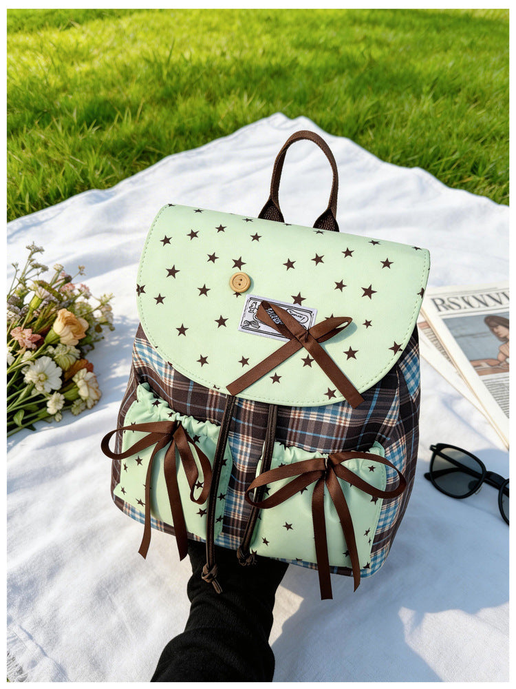 Cute Fashion Girly Style Fresh Women's New Sweet Plaid Stitching Design Sense Bow Backpack