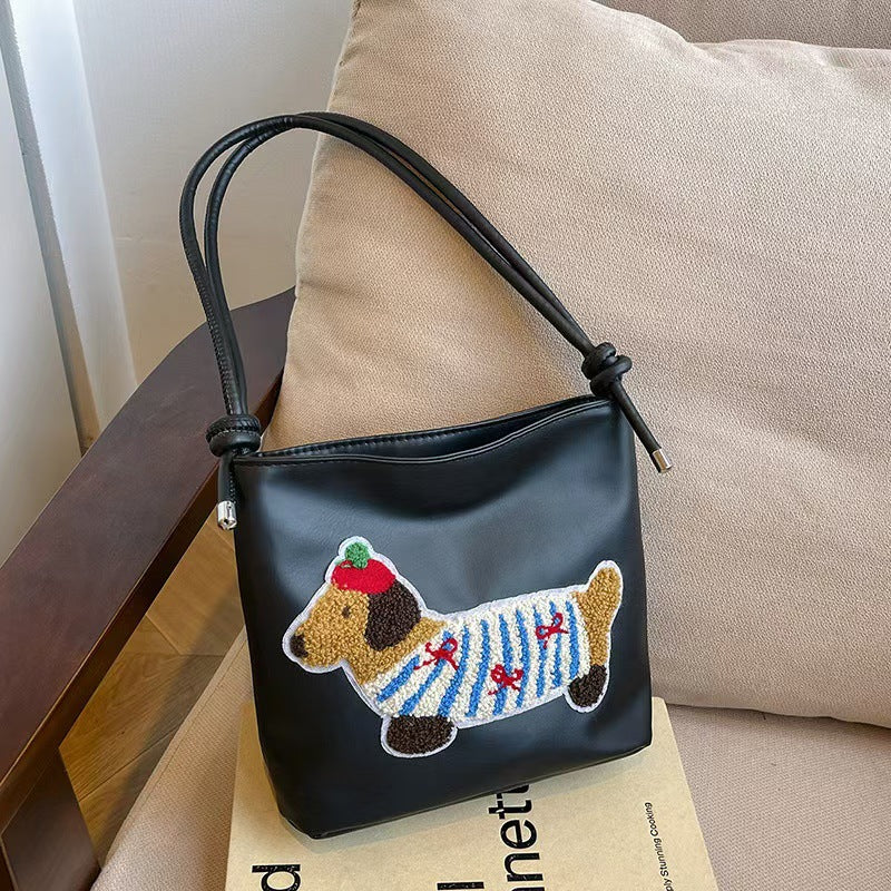 Women's Shoulder Bag Cute Sausage Dog Embroidered Shoulder Bag Knitted Style Design Daily Casual Trend Crossbody Bag