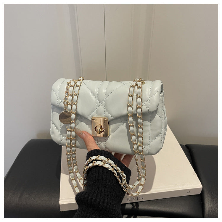 French Oil Wax Leather Women's Spring New Diamond Embroidery Thread Lock Commuter Chain Crossbody Shoulder Small Square Bag