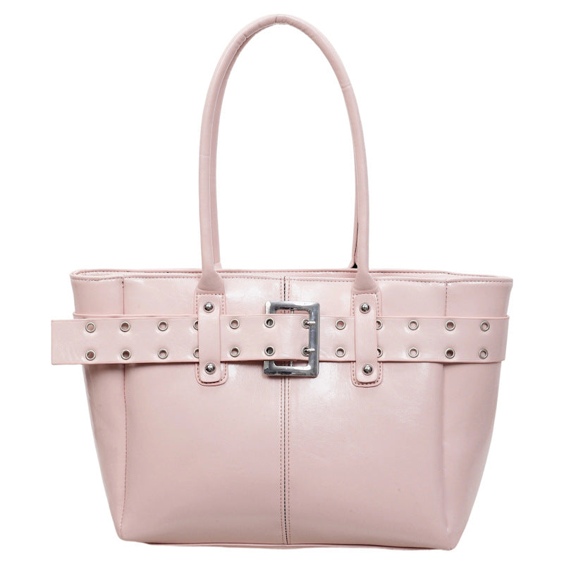 Tote Bag Women's Personality Belt Rivet Button Large Capacity Commuter Korean Style Fashion Simple Shoulder Underarm Handbag
