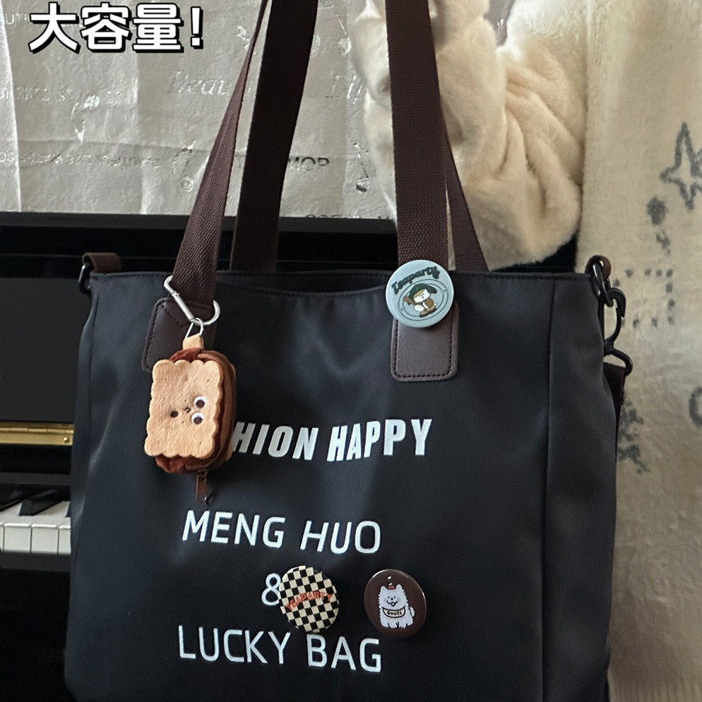Cute Fashionable Tote Bag with Letter Print & Emoji Charms for Daily Commute and College Life