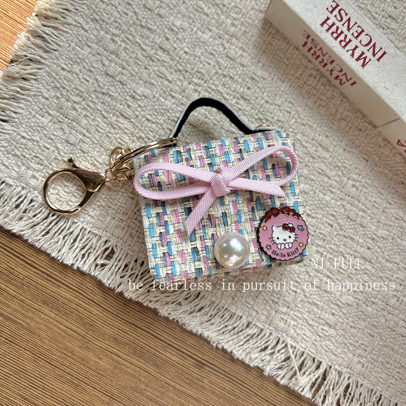 Korean Style New Retro Dots Cartoon Cat Lipstick Pack Pearl Exquisite High Sense Versatile Pendant Keychain for Women