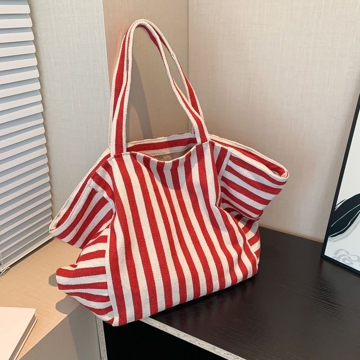 Korean Style Striped Canvas Tote Bag 2025 Summer Large Capacity Student Shopping Bag Simple Urban Design