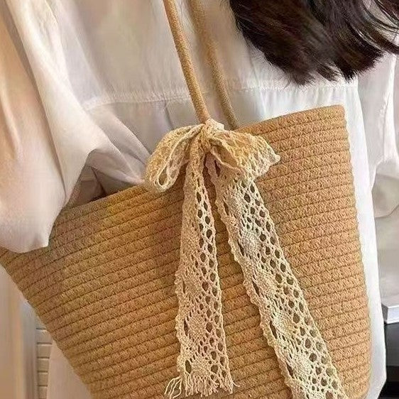 Summer Straw Tote Women's Lace Bow Knot Large Capacity Seaside Holiday Travel Shoulder Bag
