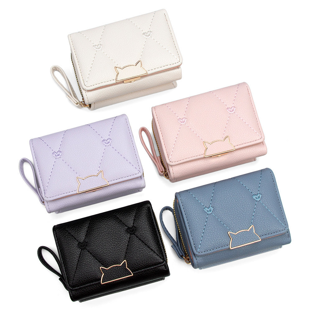 Chic Quilted PU Wallet with Embroidered Hearts and Cat Design, Compact Trifold Purse for Everyday Use