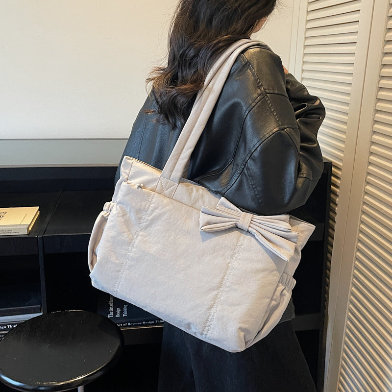 Chic Bow Detail Tote Bag with Large Capacity and Soft Cotton Fabric for Daily Use
