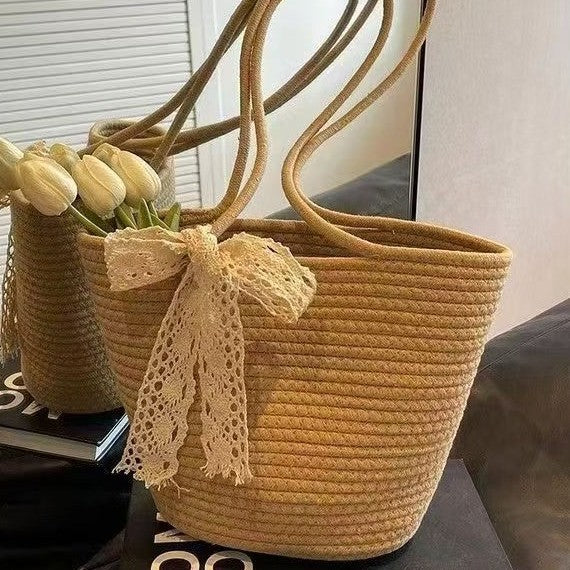 Summer Straw Tote Women's Lace Bow Knot Large Capacity Seaside Holiday Travel Shoulder Bag