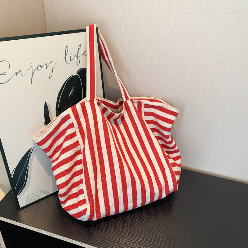 Korean Style Striped Canvas Tote Bag 2025 Summer Large Capacity Student Shopping Bag Simple Urban Design