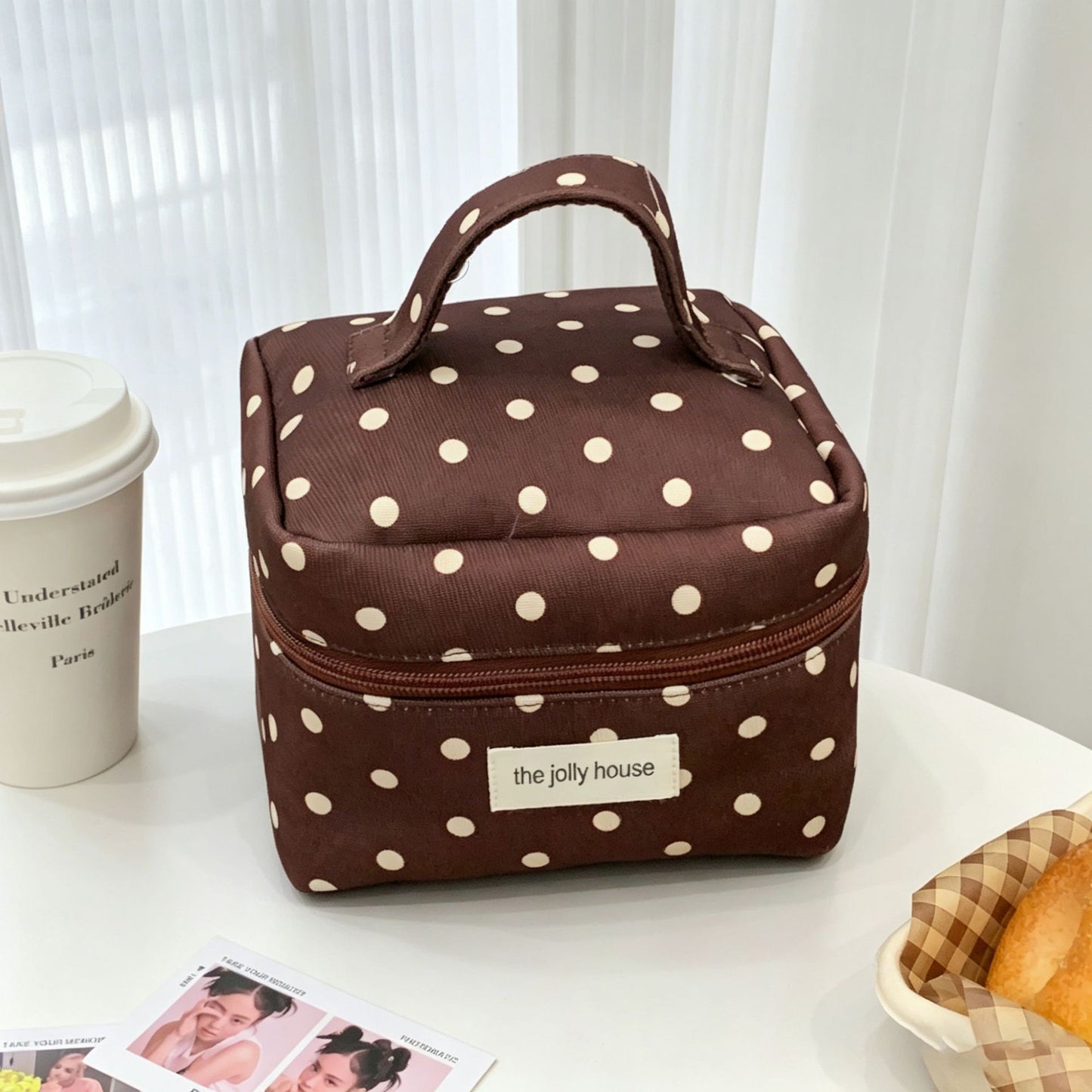 Vintage Polka Dot Cosmetic Bag with Zipper Closure - Portable Makeup Organizer for Women, Multi-functional and Washable