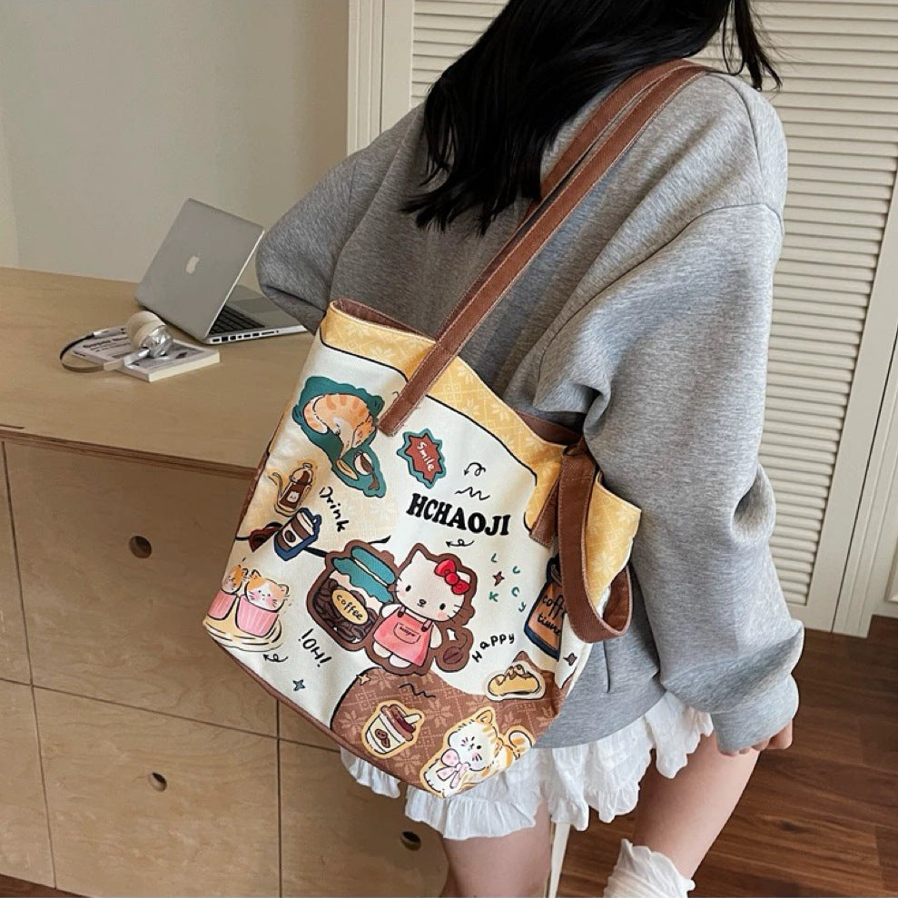 Cute Cartoon Kitty Canvas Tote Bag for Women 2025 New Large Capacity Shoulder Bucket Bag Student School Travel Bag