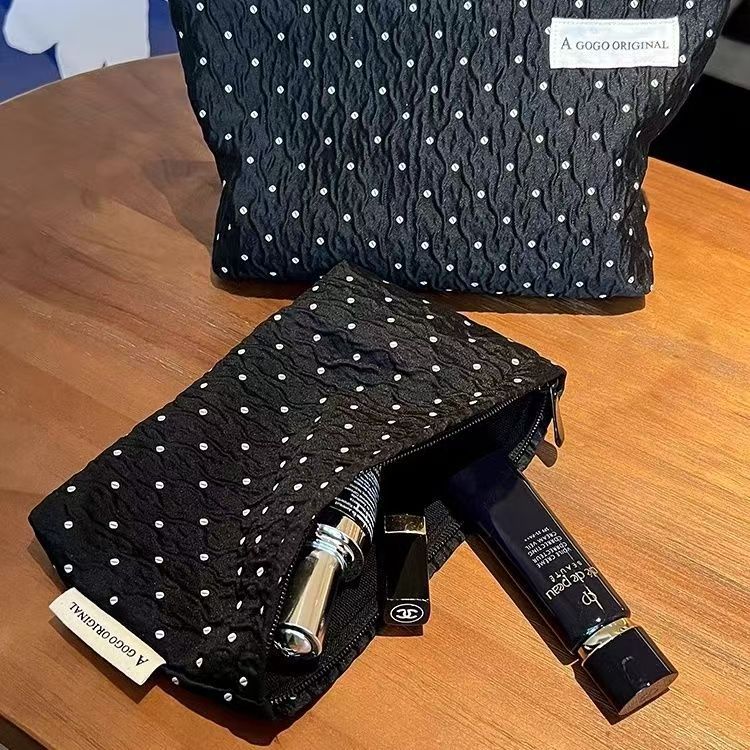 Elegant Polka Dot Clutch with Pearl Chain - Soft Cotton Makeup Bag for Travel and Daily Use