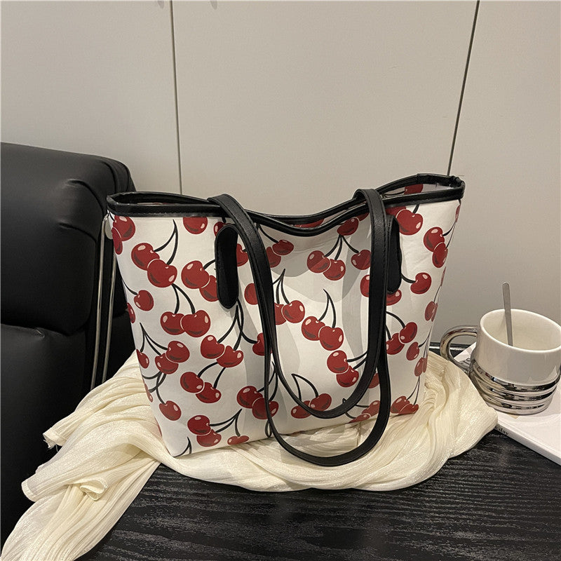 Cherry Printed Tote Women's Fashion Large Capacity Shoulder Bag New Simple Handbag