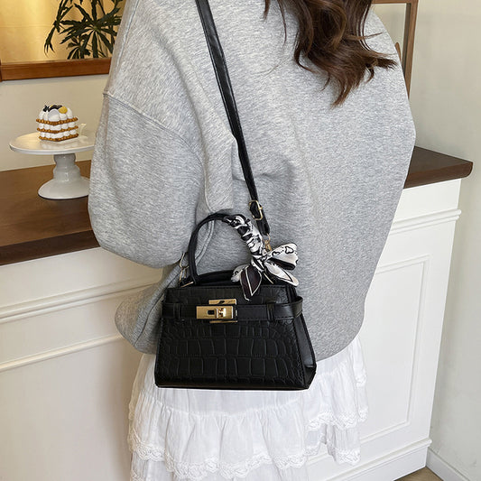 Western Style All-Matching Portable Kelly Bag Stone Pattern Lock Design Simple Shoulder Bag Silk Scarf Elegant Crossbody Bag