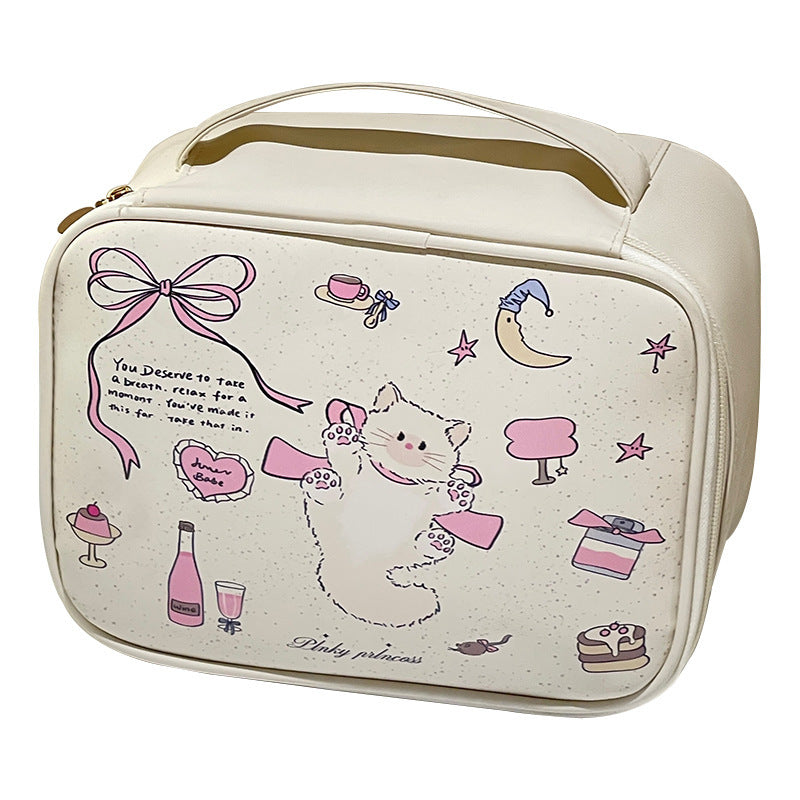 Cute Cat Design Cosmetic Bag for Women, Portable Large Capacity Waterproof Makeup Organizer with Handle, Perfect for Travel and Daily Use