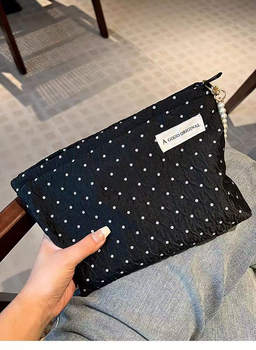 Elegant Polka Dot Clutch with Pearl Chain - Soft Cotton Makeup Bag for Travel and Daily Use