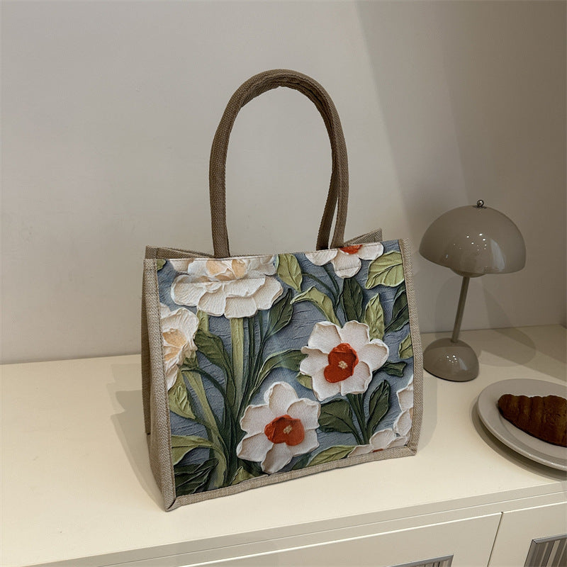 Large Capacity Linen Commuter Bag Women's New Shoulder Ethnic Style Student Handheld Class Portable Tote Bag