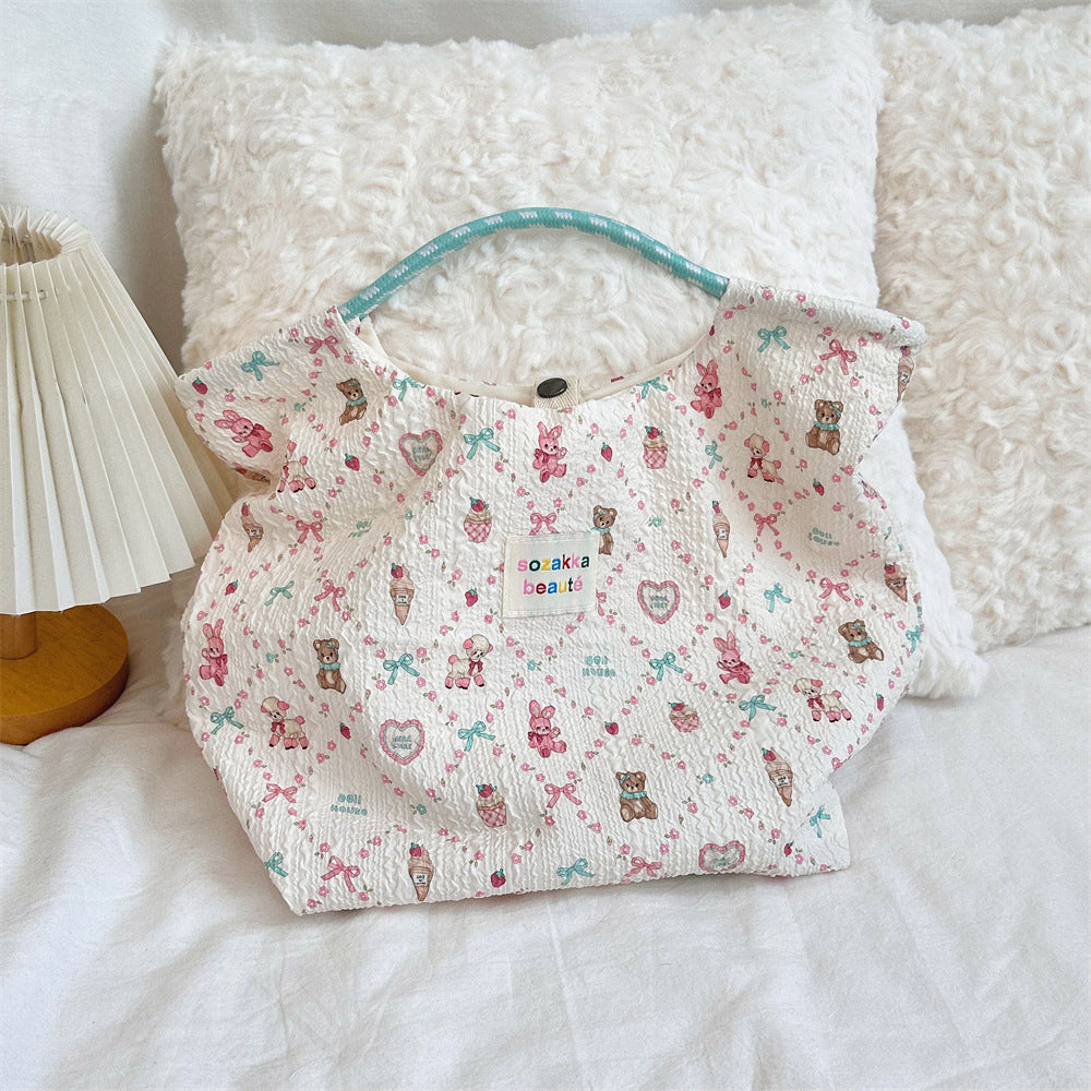 Korean Cartoon Embossed Canvas Bag Women's Large Capacity Canvas Bag Portable Beach Vacation Handbag