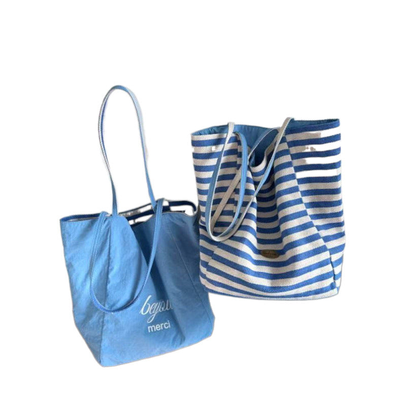 Summer Stripes Double-Sided Tote Bag Large Capacity Daily Commuting Travel Versatile Fashion