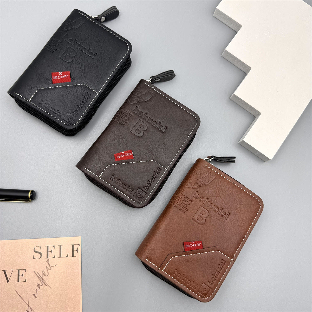 Men's Wallet Fashion Pu Multiple Card Slots Zipper Card Holder Multifunctional Daily Storage Coin Purse