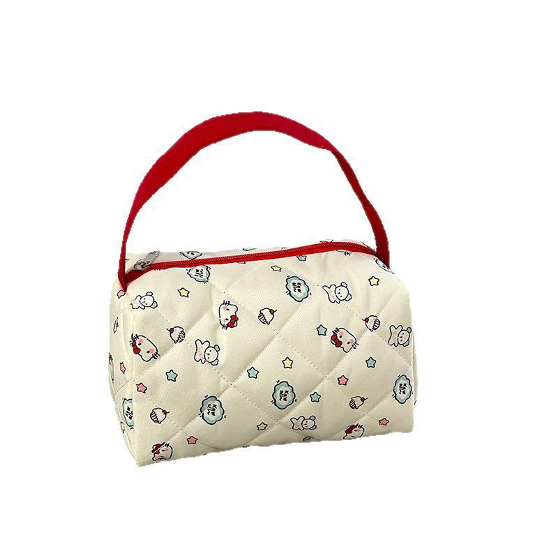 Cute Quilted Cosmetic Bag with Cartoon Print, Portable Travel Toiletry Organizer for Women