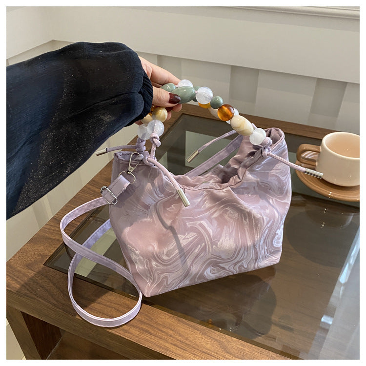 Elegant Marbled PU Bucket Bag with Beaded Handle, Minimalist Crossbody Design for Daily Wear
