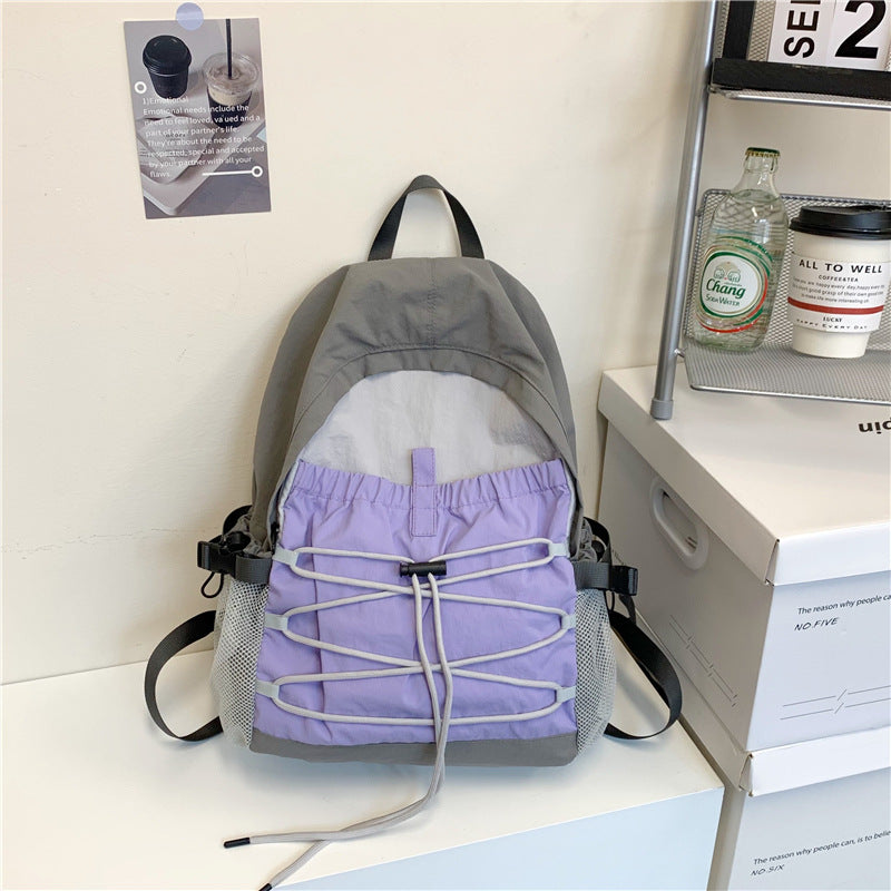 Lightweight Contrast Color Backpack Breathable Drawstring Front Bag Leisure Travel Backpack