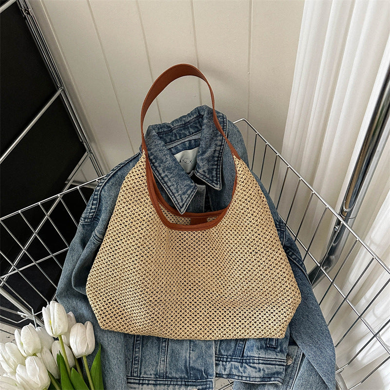 Korean Vintage Weave Tote Bag Women's Straw Large Capacity Underarm Shoulder Beach Bag