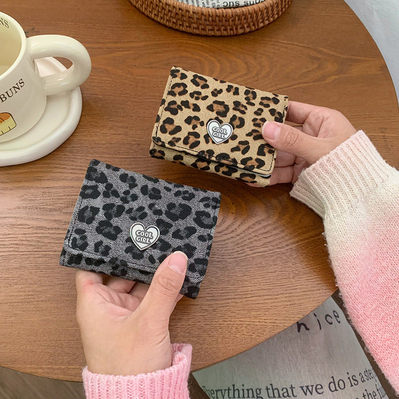 Chic Leopard Print Trifold Wallet with Heart Charm for Women, Fashionable and Spacious Design