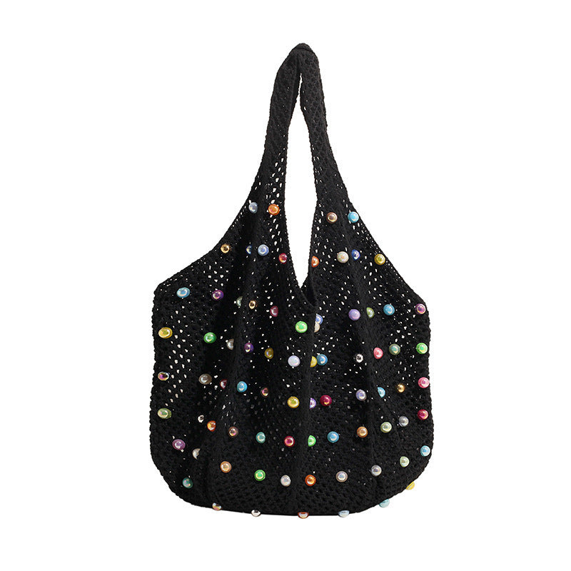 Women's Shoulder Bag Beach Bag Fashionable Knitted Flower Tote Bag Women's Casual Beach Travel Sling Bag Large Capacity Woven Bag