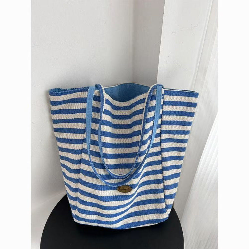 Summer Stripes Double-Sided Tote Bag Large Capacity Daily Commuting Travel Versatile Fashion