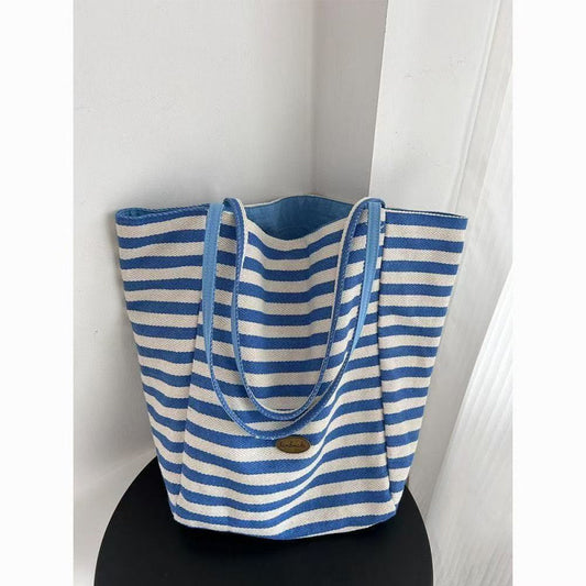Summer Stripes Double-Sided Tote Bag Large Capacity Daily Commuting Travel Versatile Fashion