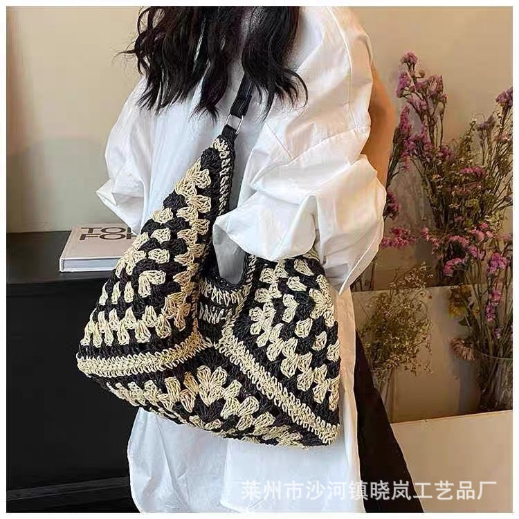 Charming Crochet Straw Tote Bag for Women, Casual Boho Style Shoulder Bag with Open Top and Interior Card Pocket