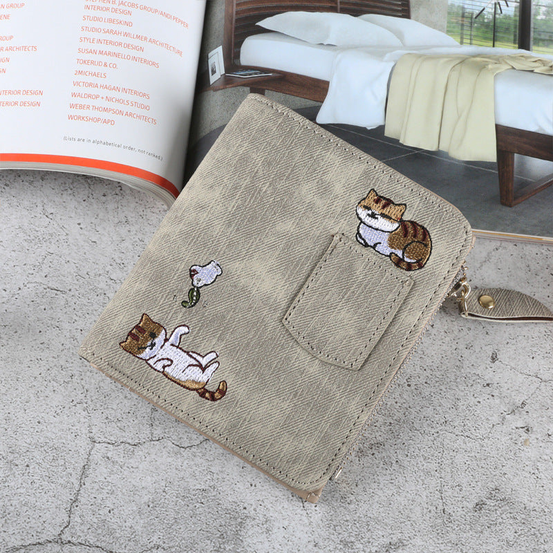 Cute Embroidered Cat Design Wallet for Women, Stylish Denim Look with Zipper Closure and Multiple Pockets