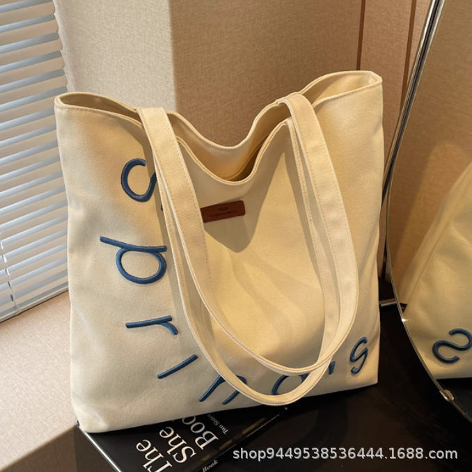 Spring Letter Embroidery Canvas Tote Bag for Women, Casual Large Capacity Shoulder Bag with Zipper Closure and Phone Pocket