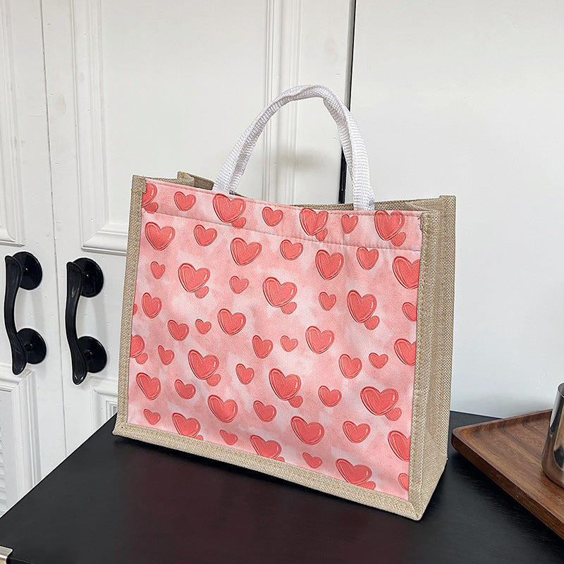 Linen Magnetic Snap Large Capacity Bag Female New Simple Fashion Peach Heart Portable Commuter Large Tote Bag