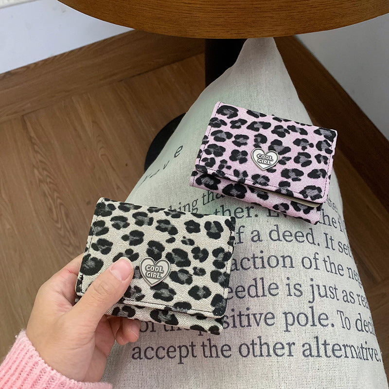 Chic Leopard Print Trifold Wallet with Heart Charm for Women, Fashionable and Spacious Design
