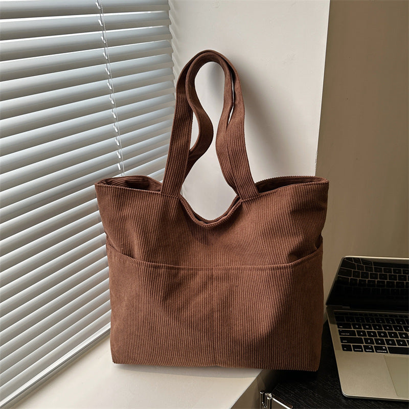 Corduroy Bag Women's Korean-Style Large Capacity New Pure Color Artistic Student Shoulder Tote Bag