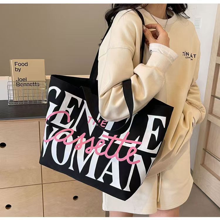Large Capacity Letter Tote Bag for Women 2025 New Style Casual Canvas Shoulder Bag with Print Design Perfect for Daily Commute and School