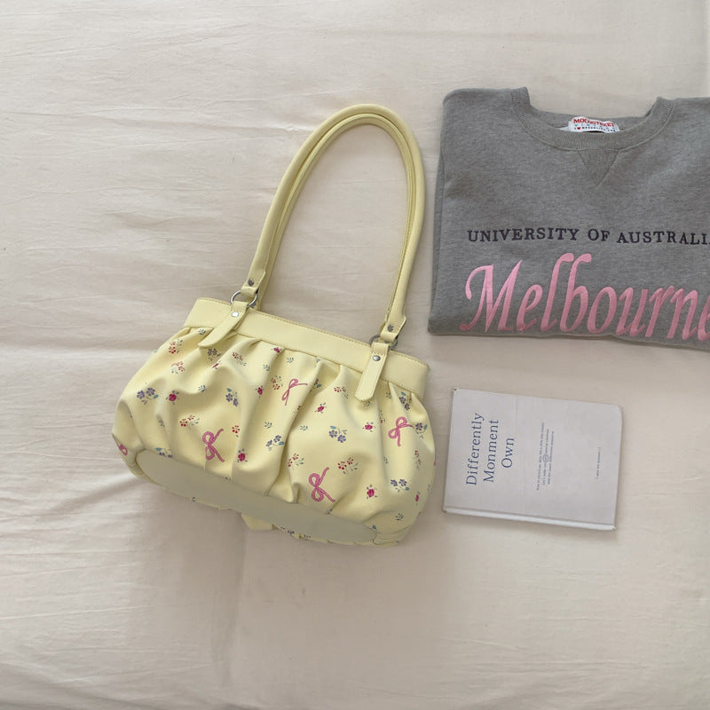 Korean Style Large Capacity Shoulder Bag with Pleated Design and Polka Dot Print for Daily Commute