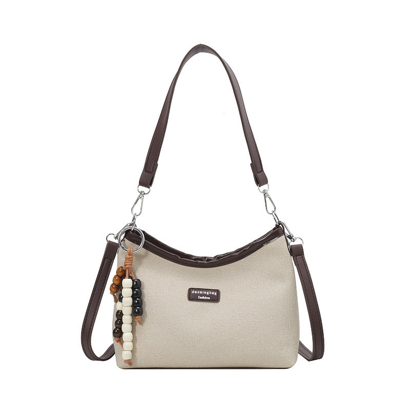 Chic Color-Blocking Canvas Shoulder Bag with Beaded Charm for Women, 2025 Summer Trendy Casual Tote