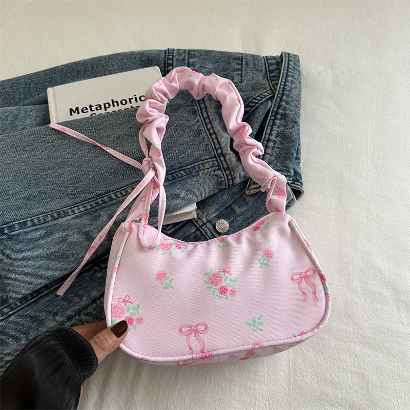 Gentle Sweet Flowers Canvas Bag Female New Drawstring Floral Bow Underarm Bag