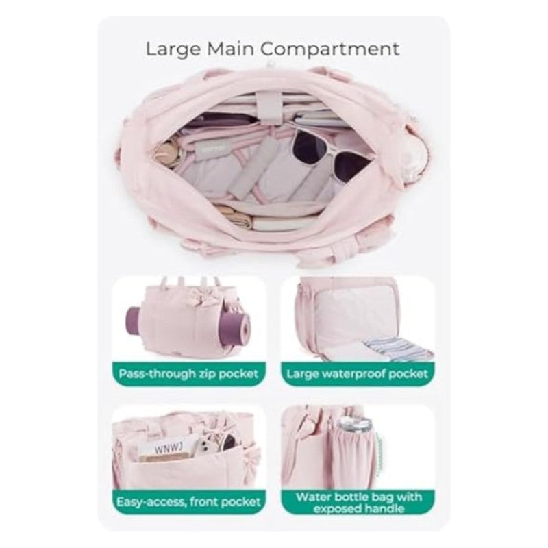 Large Capacity Tote Bag with Bow Detail, Nylon Casual Travel Shoulder Bag for Women, Multiple Pockets and Adjustable Strap