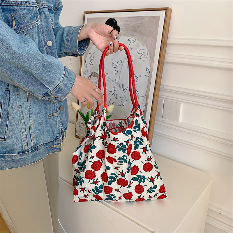 Korean Style Summer Large Capacity Hand Shoulder Bag Drawstring Shopping Bag Fresh Floral Tote Bag Underarm Bag