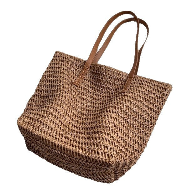 Summer Beach Straw Tote Bag Women's Casual Woven Shoulder Bag with Zipper Pocket for Daily Use
