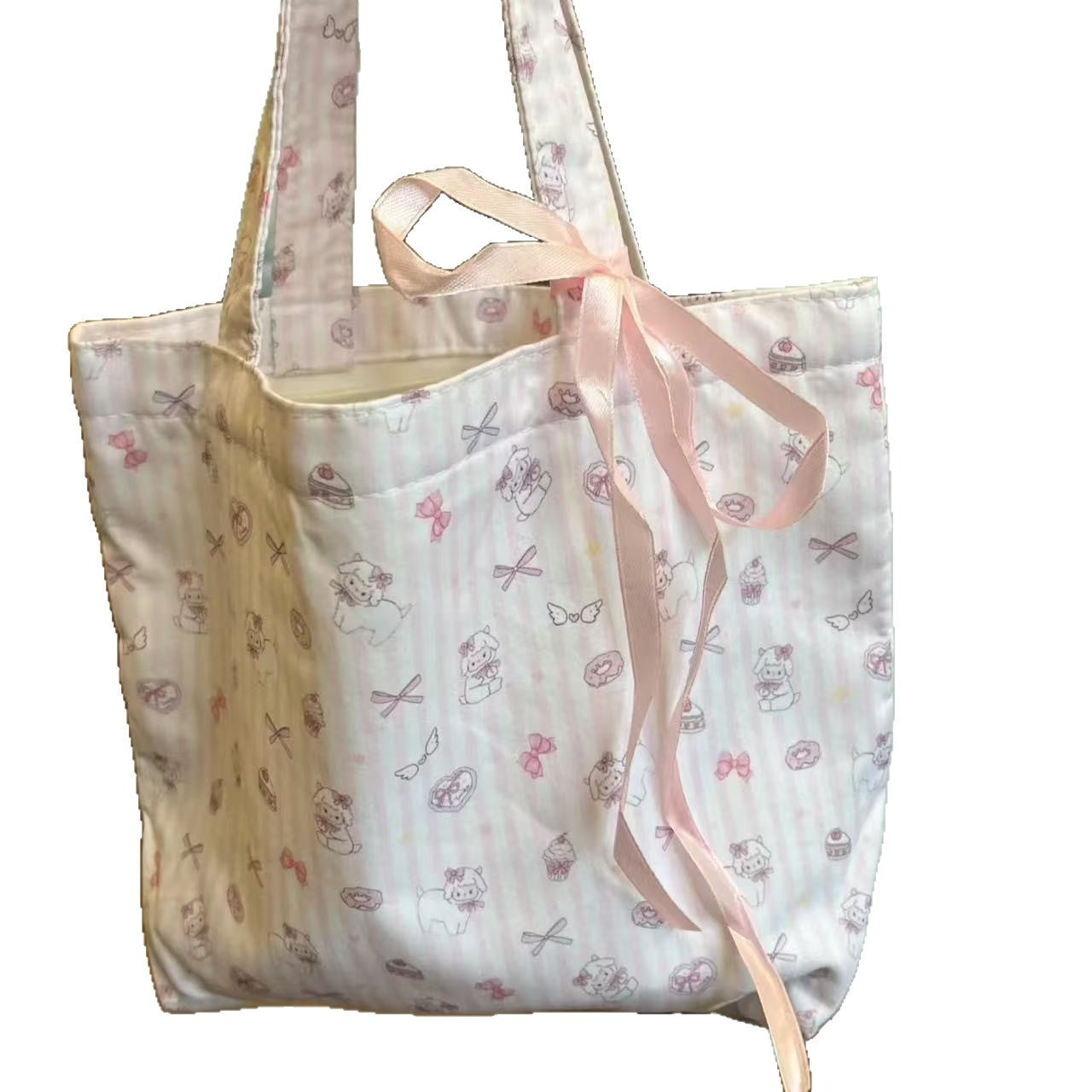 Cute Cartoon Print Tote Bag with Ribbon Bow, Large Capacity Casual Shoulder Bag for Daily Use