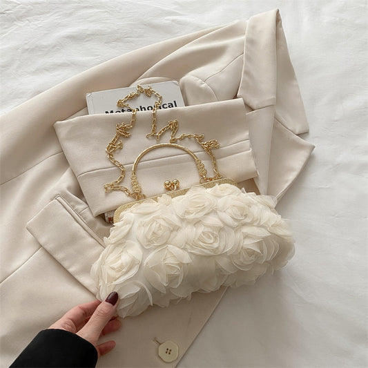 Chiffon Three-Dimensional Flower Dinner Bag Champagne Women's Handmade Dress Garment Bag Chain Decoration Handbag