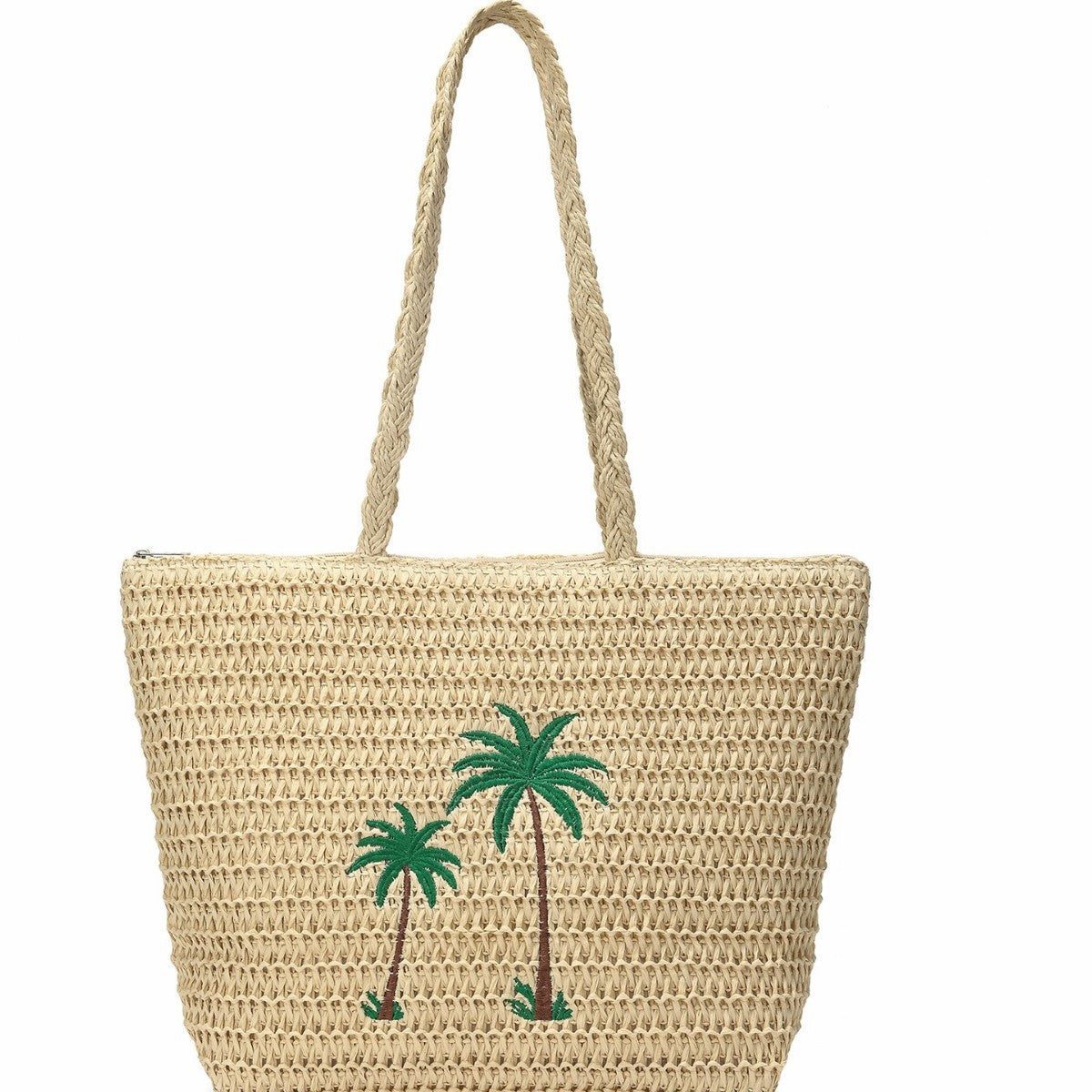 2025 Spring Summer New Style Woven Tote Bag with Palm Tree Embroidery, Large Capacity Straw Shoulder Bag for Daily Use