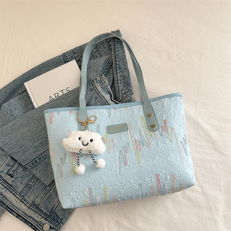 Leisure Commute Large Capacity Bag Women's New Fashion Shoulder Striped Embroidered Tote Bag